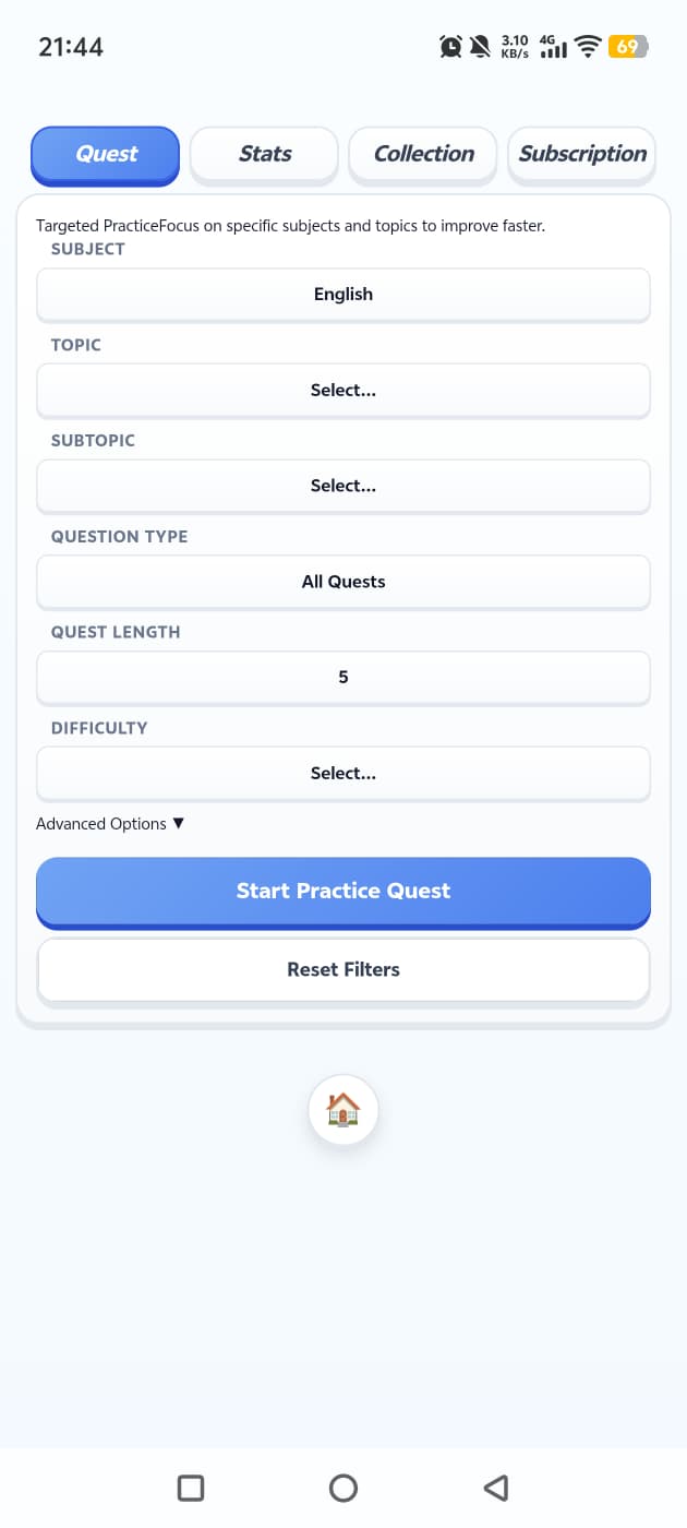 PSLE Hero quest setup screen with subject, topic and difficulty filters